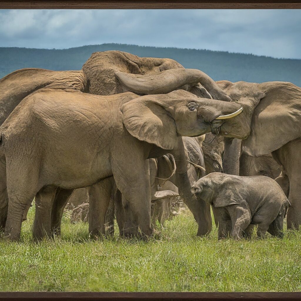 framed photograph of an elephant horde