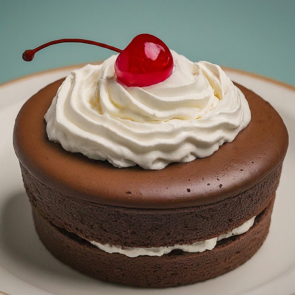 Photo: A close-up of a delicious chocolate cake with whipped cream and a cherry on top.