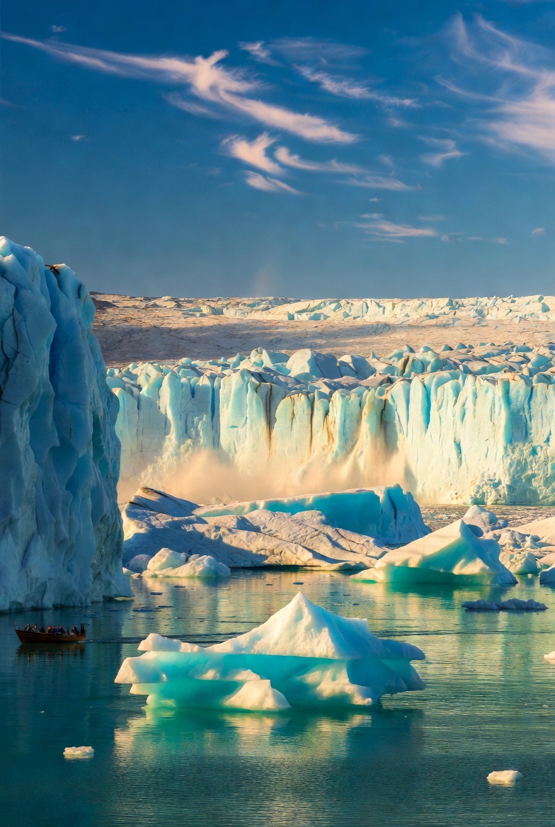 A wide-angle view of the Ilulissat Icefjord at golden hour, with towering blue-white icebergs floating in turquoise waters. In the distance, the Sermeq Kujalleq glacier calves dramatically. A small wooden boat with tourists drifts near a massive iceberg. Clear sky, sharp details, photorealistic, National Geographic style