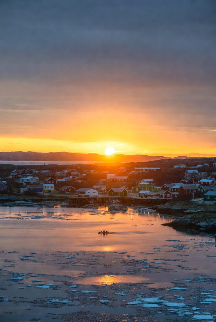 A panoramic sunset-like scene over Nuuk’s harbor at midnight: the sun hovers just above the horizon, casting long golden shadows across colorful houses and ice-dotted water. A lone kayaker paddles peacefully in the foreground. Serene, ethereal, cinematic lighting.
