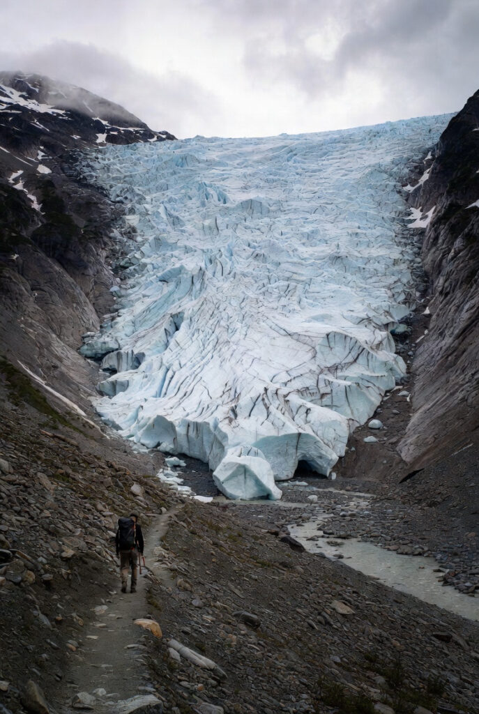 A solo hiker in outdoor gear walking along a rocky trail toward the massive, striated face of the Russell Glacier. Ice melts into a glacial river below. Low clouds, late afternoon light, sense of scale and solitude. Adventure travel photography style