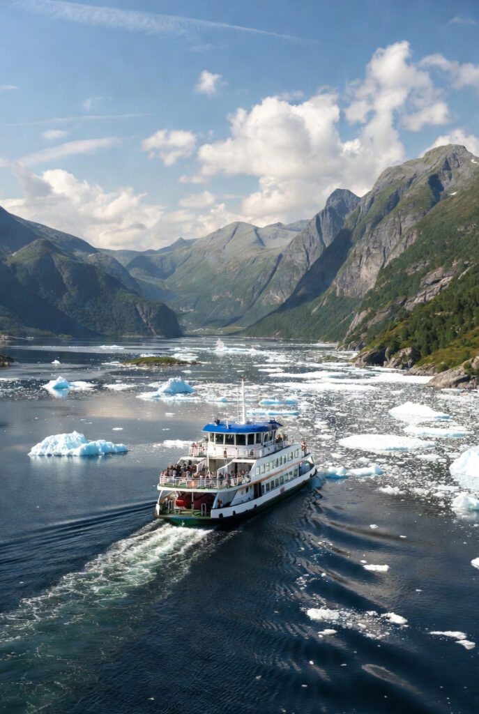 A modern passenger ferry sailing through a dramatic fjord lined with steep, green-topped mountains and scattered ice floes. Passengers stand on the upper deck enjoying the view. Summer day, clear skies, sense of peaceful travel and connection to remote communities